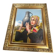 Vintage Needlepoint Gold Gilt Frame Keter Judaic Woman Carrying Water Jug 26X32 - £447.04 GBP