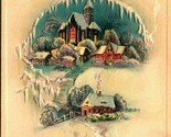 Christmas Greetings Icicles Cabin Scene Scrolled Text Embosssed 1916 Pos... - $7.87