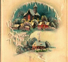 Christmas Greetings Icicles Cabin Scene Scrolled Text Embosssed 1916 Postcard - £6.27 GBP