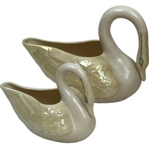 Belleek Ireland Porcelain Pair Of Swan Creamers Sauce Boats Canary Luster Green - £29.13 GBP
