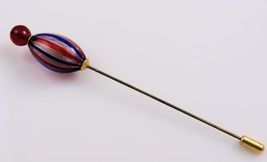 Glass Bead Stickpin With Red And Blue Enamel Stripes - $20.00