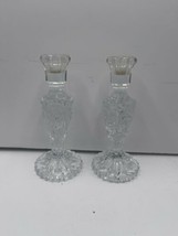 Pair of Hofbauer Germany Heavy Lead Crystal Cut Glass Candlesticks Etche... - £46.45 GBP