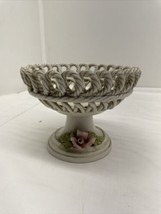 Vintage N Capodimonte Small Woven Porcelain Floral Basket Classic Style Roses - $39.55