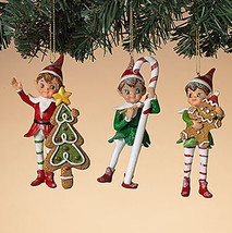 GERSON SET OF 3 RESIN 4.75&quot; GINGERBREAD &amp; CANDY CANE ELF CHRISTMAS ORNAM... - £26.05 GBP