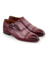 Paul Parkman Mens Shoes Burgundy Leather Monkstrap Handmade Cap Toe 65BUR28 - $419.99