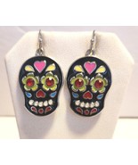 Sugar Skull Dangle Earrings Multicolor Silver Tone Hook Black Day of the... - $20.55 CAD