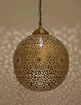 Rose  Of The  Moon Engraved Moroccan Handmade  Pendant Light In Antique Brass - £171.46 GBP