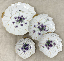 4 Graduated Dishes Leaf Shaped Violets Porcelain Cottage-core Hand-painted VTG - £25.39 GBP