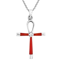 Ankh Hieroglyph Eternal Life Red Coral Inlaid Sterling Silver Necklace - £19.92 GBP