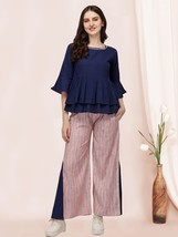Daily Wear Navy Blue Pleated Peplum Top With Strip Palazzo Pant co-ord. ... - $45.19