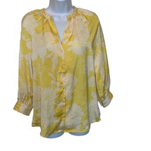 H&amp;M Womens XS Yellow Floral Silky Slinky Button Down Collarless Blouse Top - £11.23 GBP