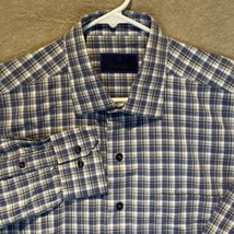 David Donahue Dress Shirt Mens Large Gray Blue Plaid Cotton Button Up EUC - £14.55 GBP
