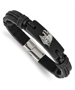 Men&#39;s Chisel Stainless Steel Eagle Head Black Leather Bracelet - $89.99