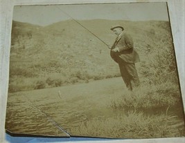 Antique c1900 Man Fishing Cabinet Photograph Fish on the hook Sepia Toned - £21.35 GBP