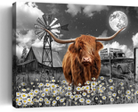 Highland Cow Canvas Wall Art Black and White Cow Barn Landscape Pictures... - $36.42