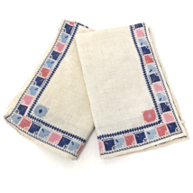 Vintage Handmade Cross Stitch Linen Fingertip Towels /Napkins Blue Pink Set of 2 - £11.78 GBP