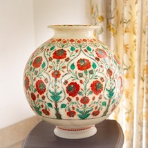 18&quot; White Marble Flower Fine Design in Big White Vase Malachite Onyx Inlaid - £8,871.96 GBP