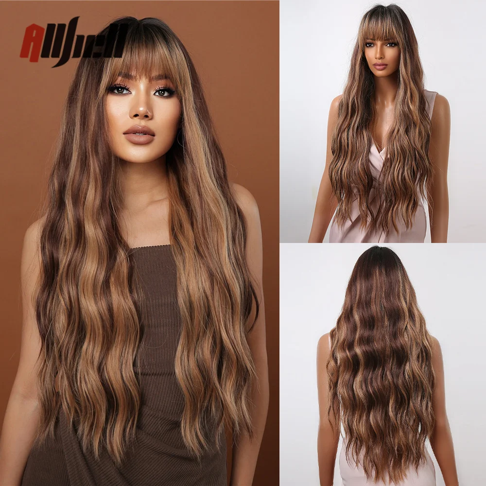 Synthetic Long Curly Highlight Wigs With Bangs Mixed Chocolate Brown Gold - £15.99 GBP+