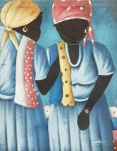 Rare Signed Naif Primitive TWO WOMEN Haitian Art Canvas Painting Haiti Caribbean - £354.32 GBP
