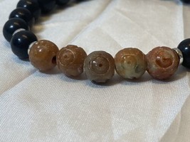 Stretch Bracelet Sandstone and Black Stone Beads Silver Tone Spacer Beads 6.5&quot; - £11.84 GBP