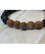 Stretch Bracelet Sandstone and Black Stone Beads Silver Tone Spacer Bead... - £11.78 GBP