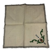 Vintage Burlap Cloth Napkin With Embroidered Fleur Du Lis Green Dresser Scarf - £10.93 GBP