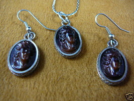 (c512) Brown glass CAMEO vintage necklace silver earrings set - £53.29 GBP