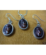 (c512) Brown glass CAMEO vintage necklace silver earrings set - $92.54 CAD