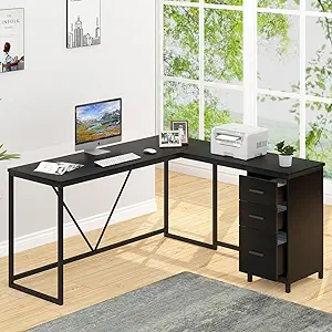 Large Black L Shaped Desk, Corner Wood Computer Desk With Drawer, Modern... - $352.99