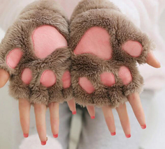 Cat Claw Bear Paw Gloves Women Warm Plush Fluffy Fur Cosplay Fingerless Mittens - £9.19 GBP+