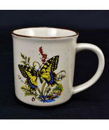 Vintage Stoneware Tan Brown Speckled Coffee Mug Butterfly And Floral - $19.75