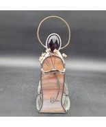Vintage Angel Stained Glass Beige Slag Holding Flowers Tealight Holder - $282.54 MXN