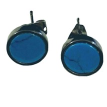 Artisan Earrings Studs Blue Turquoise Gunmetal Possible Sterling Silver Mark - £38.83 GBP