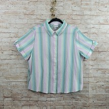 Bon Worth Womans Shirt Medium Petite Striped Multicolor Crinkled Button Up Stret - £8.85 GBP