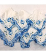 Vintage handkerchief set 6 blue lacy crochet edge floral white hanky han... - $12.00