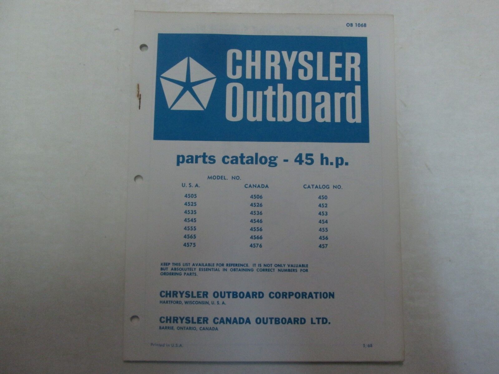 1968 Chrysler Outboard 45 HP Parts Catalog Manual Factory OEM OB 1068 - $9.69