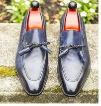 Handmade Men Blue Leather Slip On Loafer Tassel Shoes - £110.85 GBP