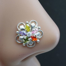 Ethnic Floral 925 Sterling Silver CZ Studded Nose ring Push Pin - £12.74 GBP