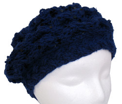 Navy blue hand knit beret with spangles - £15.13 GBP