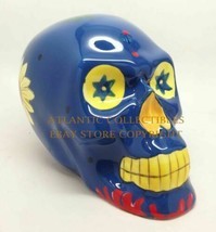 Blue Day Of The Dead Skull Ceramic Figurine Skeleton 7&quot;L Fantasy Home Decor - £26.51 GBP