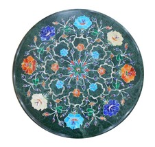 18&quot; Green Marble Coffee Table Top Inlay Lapis Turquoise Hakik Marquetry Decor - £527.35 GBP