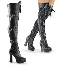 PLEASER Sexy Black Platform Triple Buckle 5&quot; Heel Thigh High Boots ELE3028/B/PU - £86.09 GBP