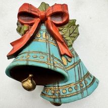Vintage Christmas Bells Brooch Red Bow Holly Holiday Pin Blue Bell Vintage - $17.81