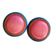 Vintage 80s Chunky Colorful Wood Dome Round Earring Studs Pierced Pink Blue 1.5&quot; - £15.38 GBP