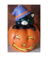 Vintage Halloween Candle Jack O Lantern Black Cat In A Purple Witch Hat ... - $131.39 MXN