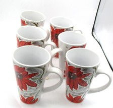 Set Of 4 Red Floral 16oz Coffee Mugs With Green Accents Ceramic Tea Cup ... - $11.88