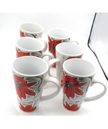 Set Of 4 Red Floral 16oz Coffee Mugs With Green Accents Ceramic Tea Cup ... - $222.99 MXN