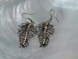 Estate Oxidized SIlvertone Loopy Tapered Leaf w Orange Rhinestones Accent Dangle - $10.39