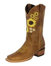 Womens Western Dress Boots Leather Sunflower Embroidered Honey Brown Botas Dama - $168.29