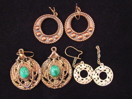 Large Round Earrings 3 Pairs Ornate Round Gold Tone Hook Back Dangle Earrings - £7.82 GBP